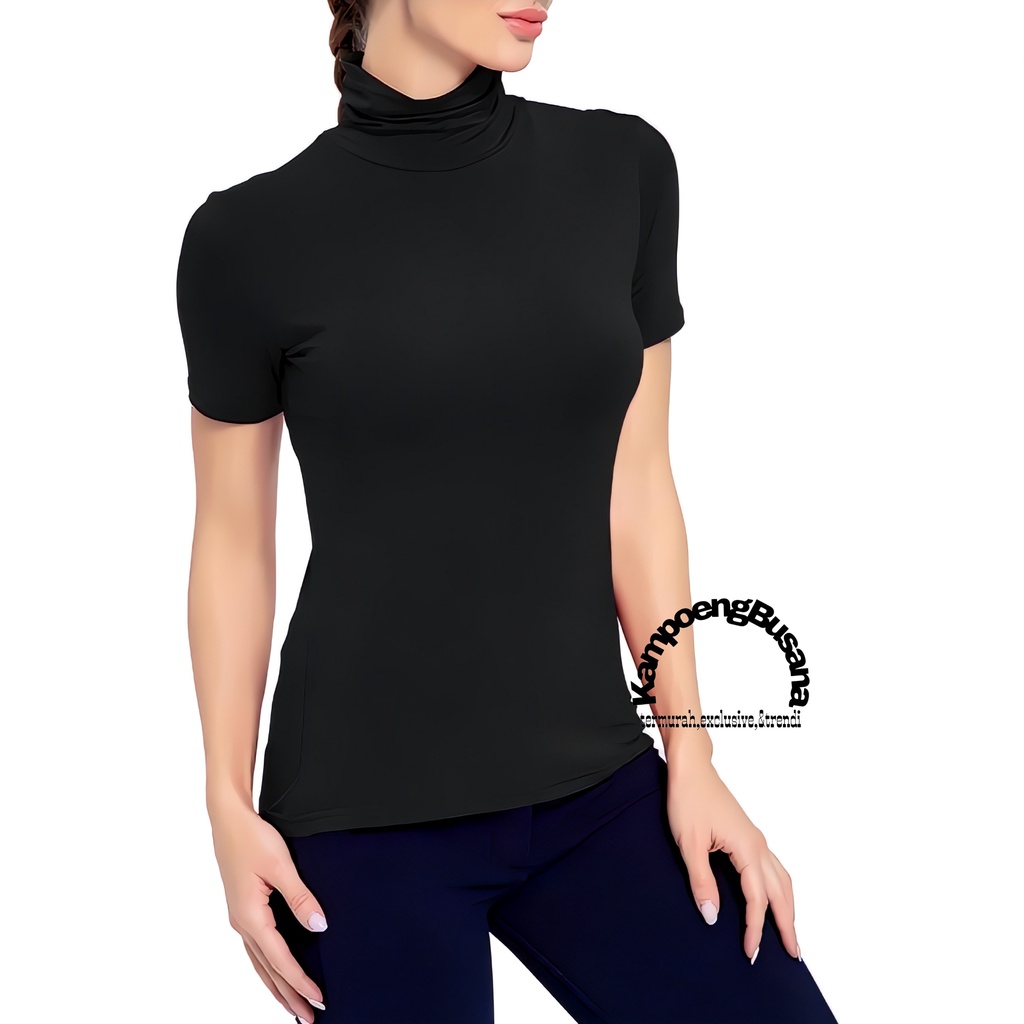 Manset Baju Turtleneck Lengan Pendek Polos Wanita