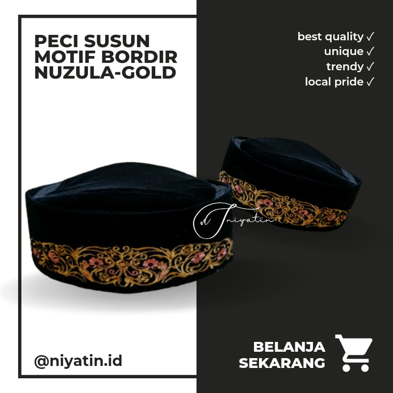 PECI HITAM SUSUN AC MOTIF BORDIR NUZULA GOLD & SILVER (KOPYAH SONGKOK PRIA)