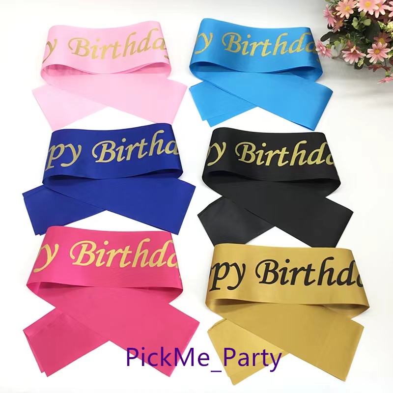 Selempang sash happy birthday / hbd biru hitam pink fanta blue gold black perlengkapan / dekorasi ul
