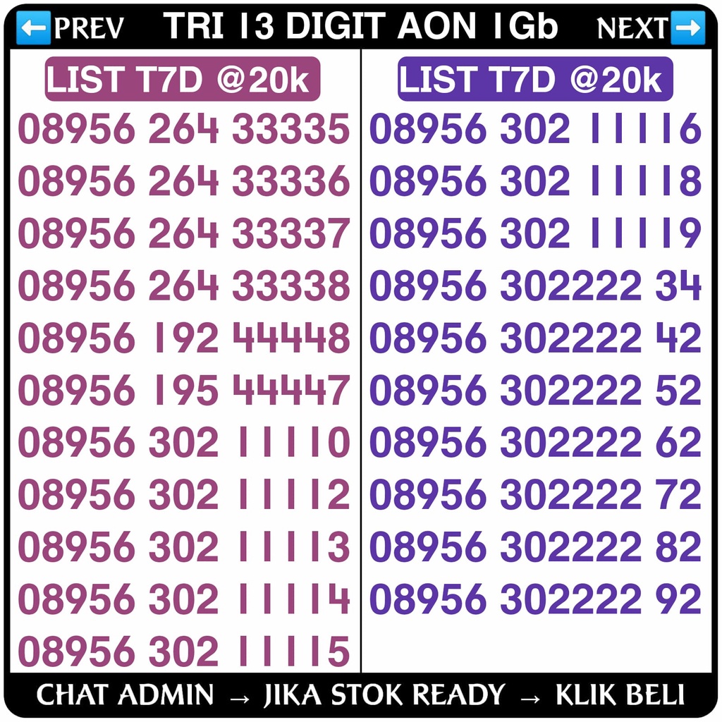 Nomor Cantik Kartu Perdana Tri 3 Three 11/12/13 Digit Aon 1GB / Janet 2k