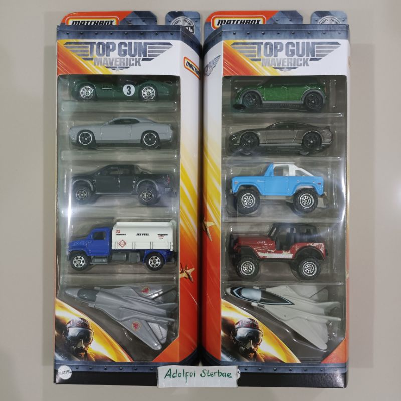 matchbox isi 5 gift pack top gun maverick 1956 aston martin dbr1 2008 dodge challenger 2010 ford rap