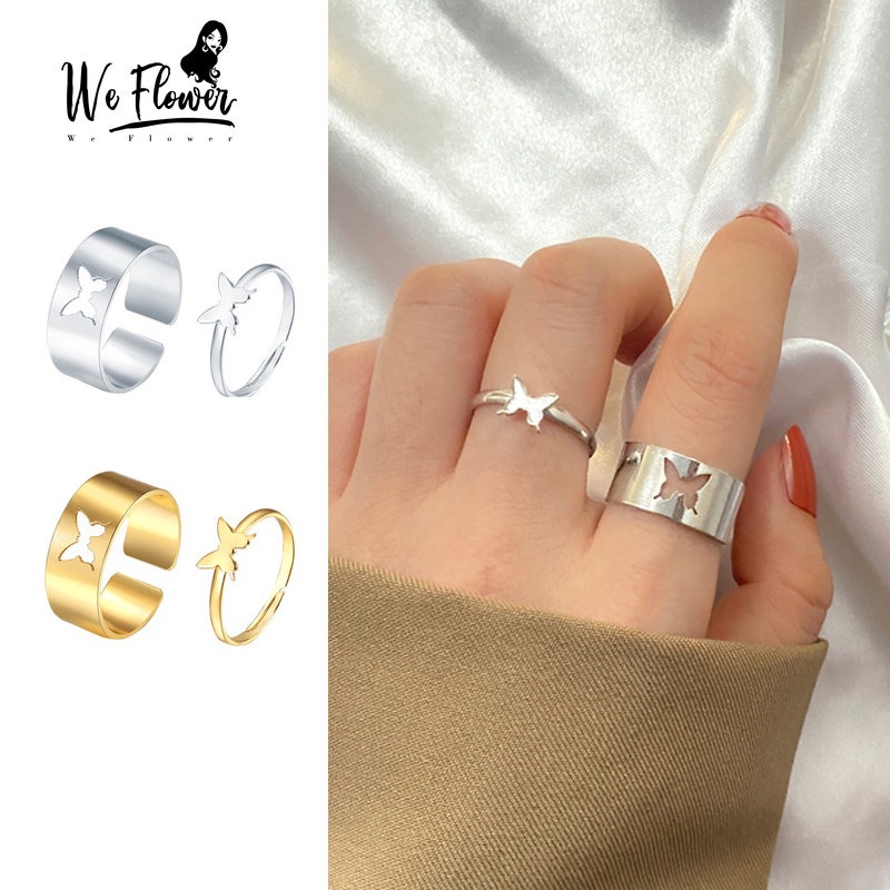 We Flower 2PCs / Set Cincin Desain Kupu-Kupu Hollow Gaya Punk Untuk Pria / Wanita