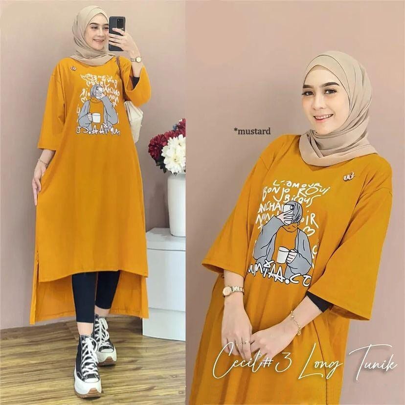 Long Tunik Terbaru Cecil long tunik #3 bahan kaos katun combed 24s Aplikasi sablon size s-xxl ld 90-120 cm Pakaian long tunik wanita model terbaru 2023 Baju atasan wanita lengan panjang Dress kaos katun oversize Gamis wanita warna milo , dusty , navy