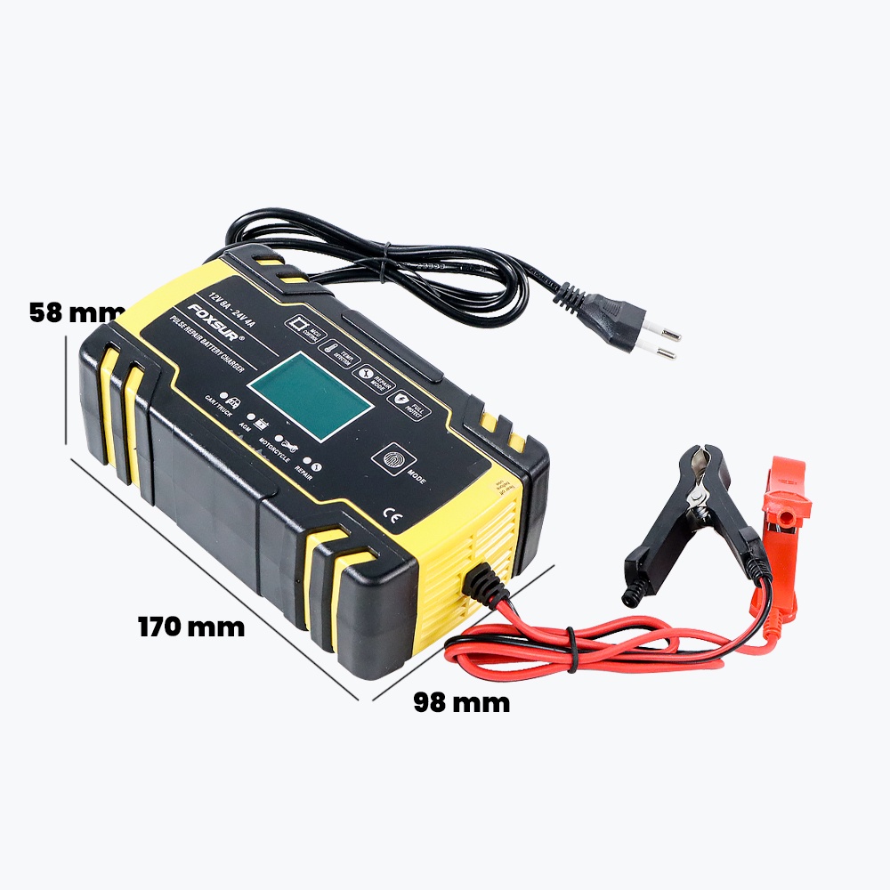 FOXSUR Charger Aki Mobil Motor 130W 12V/24V 150Ah with LCD - FBC122408D - Yellow - 7RRSB9YL