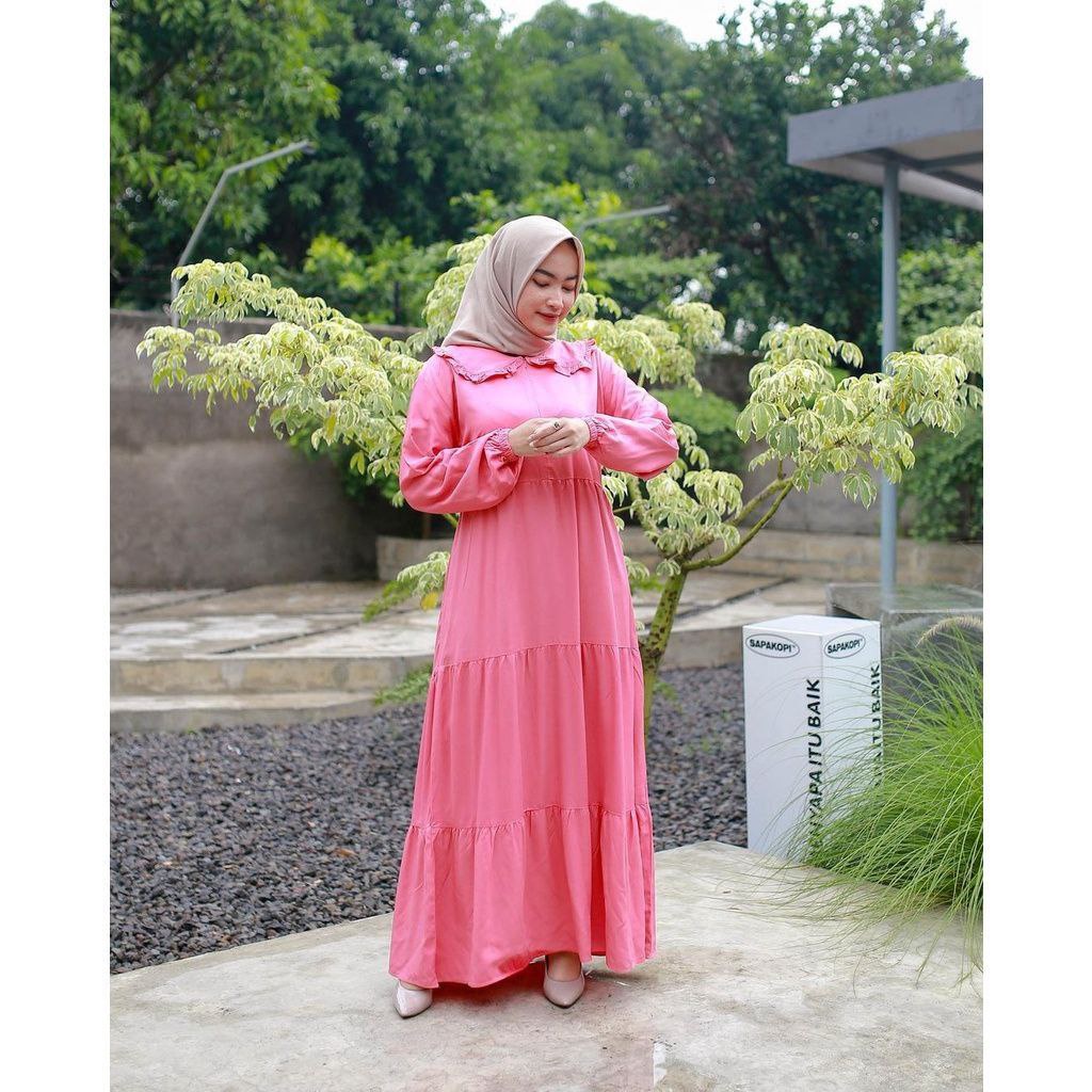 Hanny Sophia Midi Dress Wanita Rayon Premium Baju Wanita Kekinian Lengan Panjang Maxydress Polos Full Kancing LD 110 cm