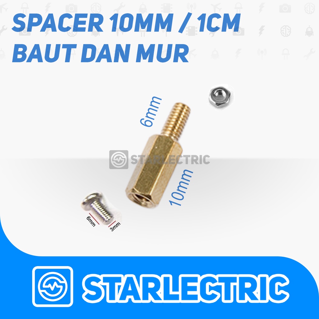 Spacer Besi Kuningan M3 Hex Screw 10+6 PCB 10mm 1cm Lengkap Mur Baut