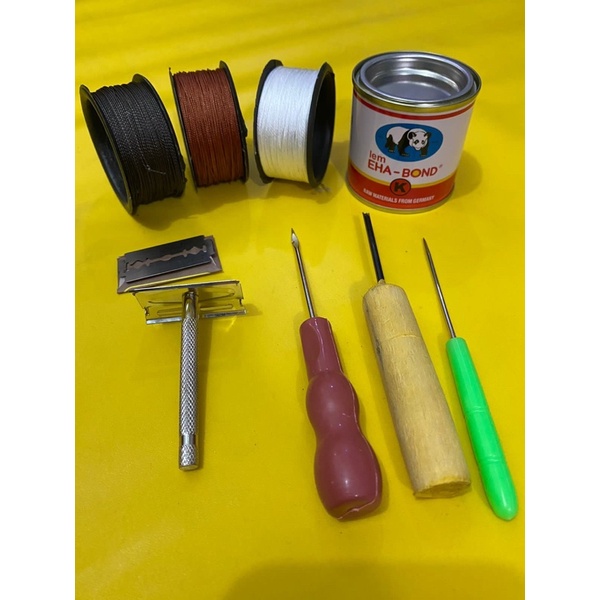 PAKET LENGKAP ALAT SOL SEPATU / jarum sol sepatu penyayat susruk sol / benang nilon sol sepatu