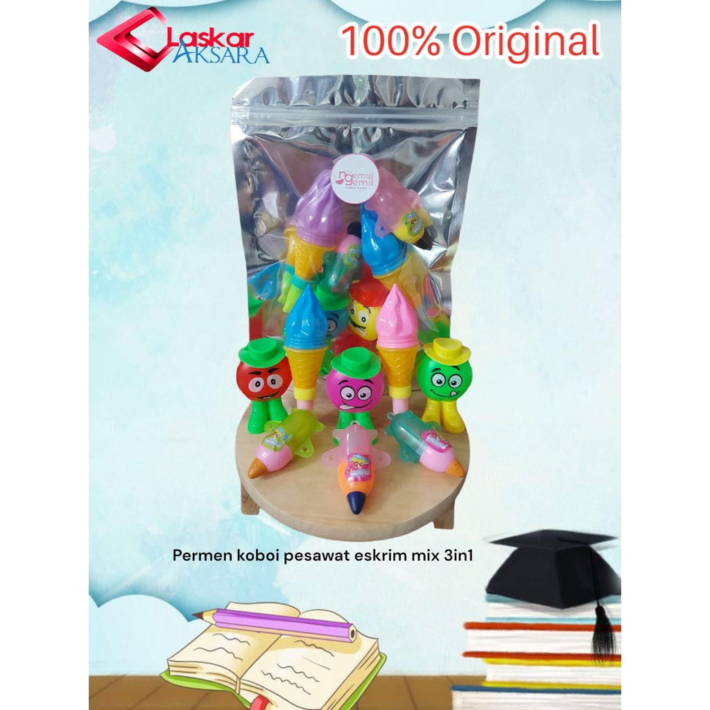 

Permen Keras Permen Mainan Koboi, Pesawat dan Es Krim Mix 3in1 Kualitas Premium