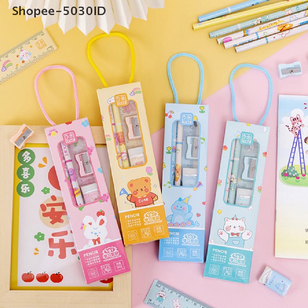 set Pensil + Penghapus + Penggaris + Rautan Motif Kartun Hewan Untuk stationery Anak / Sekolah / Hadiah