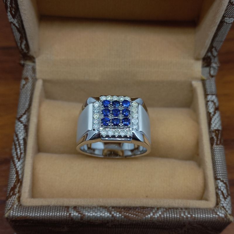 Cincin Berlian Pria Asli Batu Blue Safir Perak Keren Free Memo