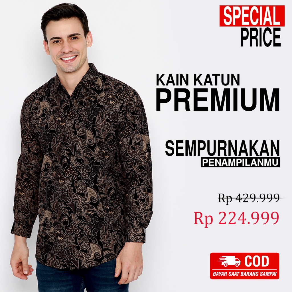 BATIK PRIA LENGAN PANJANG Kemeja Slimfit Premium Motif Elegant Warna Coklat Hitam 723386 Cap 72 - Baju Kemeja Atasan Pakaian Setelan Batik Pria Cowok Laki Laki Remaja Keluarga Kantor Lengan Panjang Modern Slimfit Slim Fit Premium Kekinian