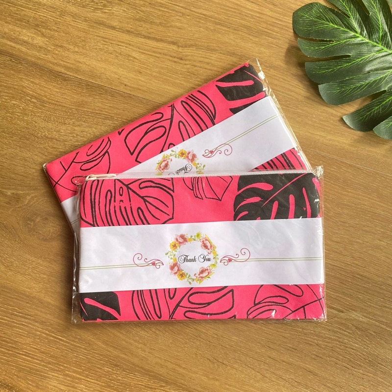 SOUVENIR  PERNIKAHAN ULTAH KHITAN TASYAKURAN POUCH SEMI KANVAS MOTIF MONSTERA PINK FREE PACK PLASTIK THANK CARD THANK YOU  20X12  READY SIAP KIRIM