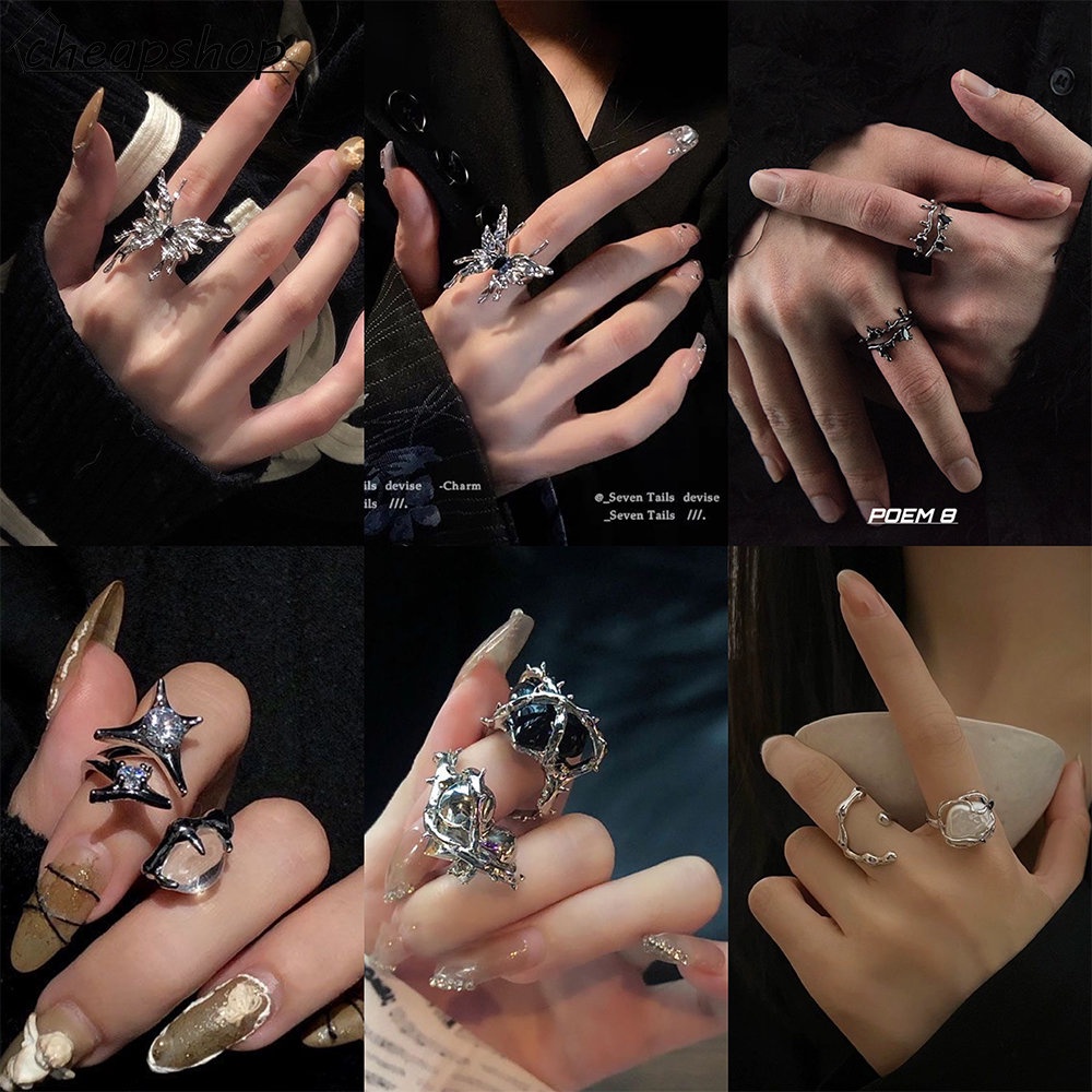 IFYOU Cincin Model Terbuka Desain Bunga / Bintang / Kupu-Kupu / Hati / Batu Bulan Warna Pink Gaya Korea Untuk Wanita