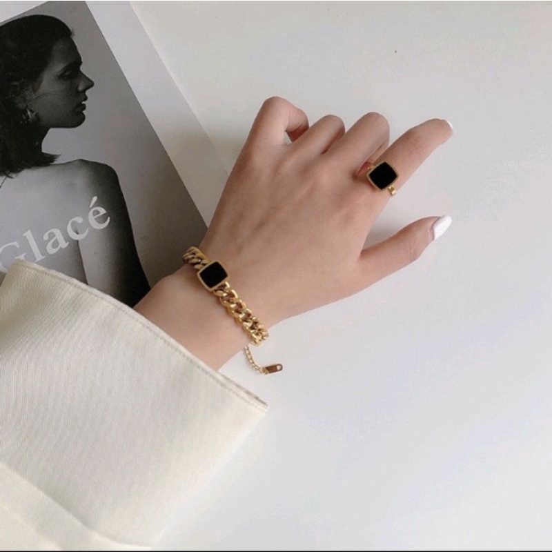 Gelang Rantai Titanium Keramik Hitam Kotak Mewah