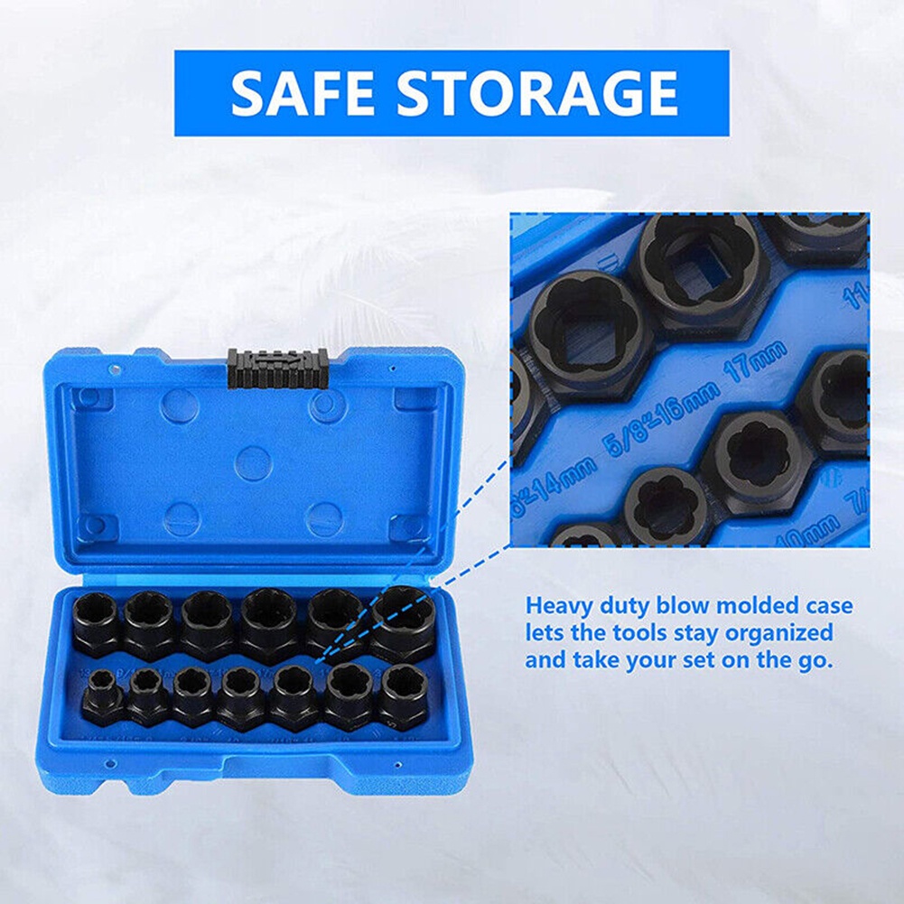 【13 PCS】Impact Bolt Nut Remover/Nut Extractor Socket/Pas Soket Pencabut Mur/Damaged Screw Bolt Nut Remover