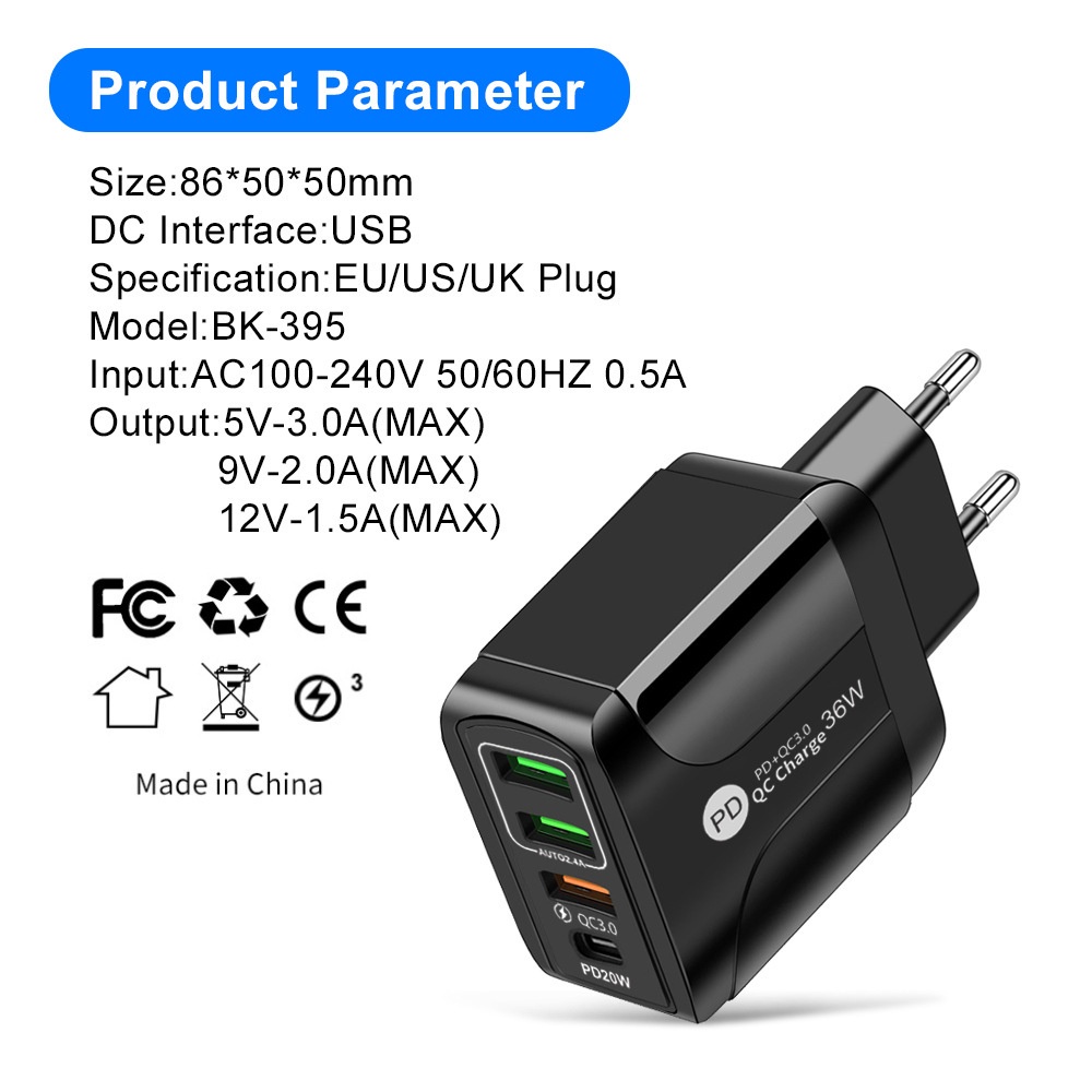 Adapter Charger Handphone Android Tipe-C QC3.0 + PD 4-port 36W 5V / 9V / 12V Untuk Travel