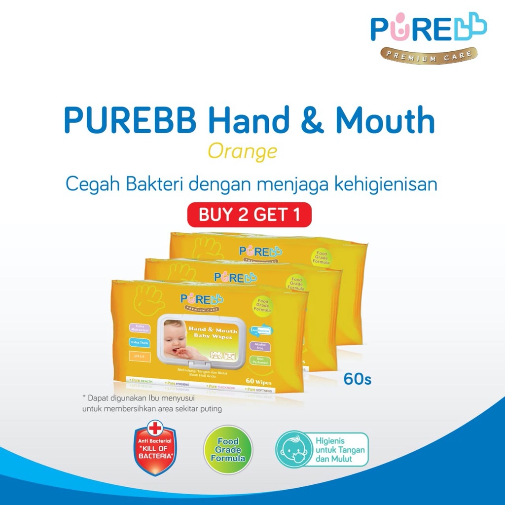 Pure BB Hand &amp; Mouth Wipes Tissue Basah Chamomile Orange 60 Sheets Combo