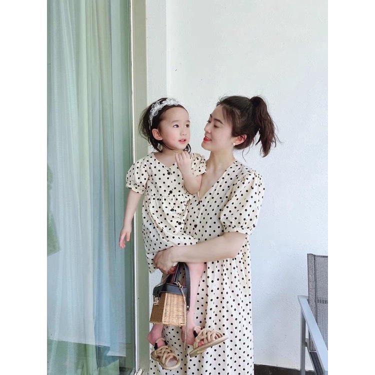 Dress Couple Mom &amp; Anak perempuan Impor Premium Polkadot Hitam