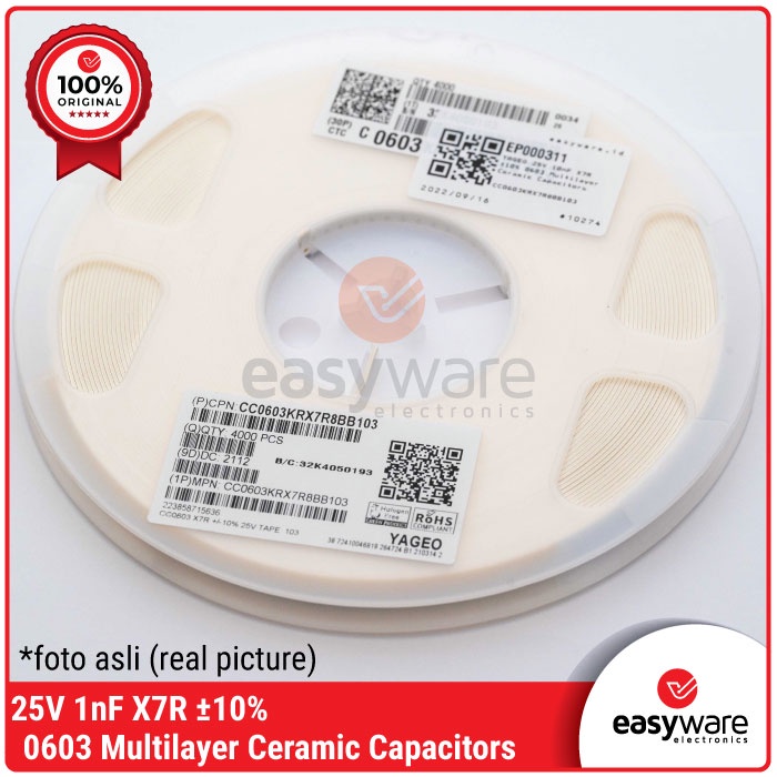 Capacitor SMD YAGEO 10nF ±10% 25V X7R 0603 MLCC Kapasitor SMD YAGEO