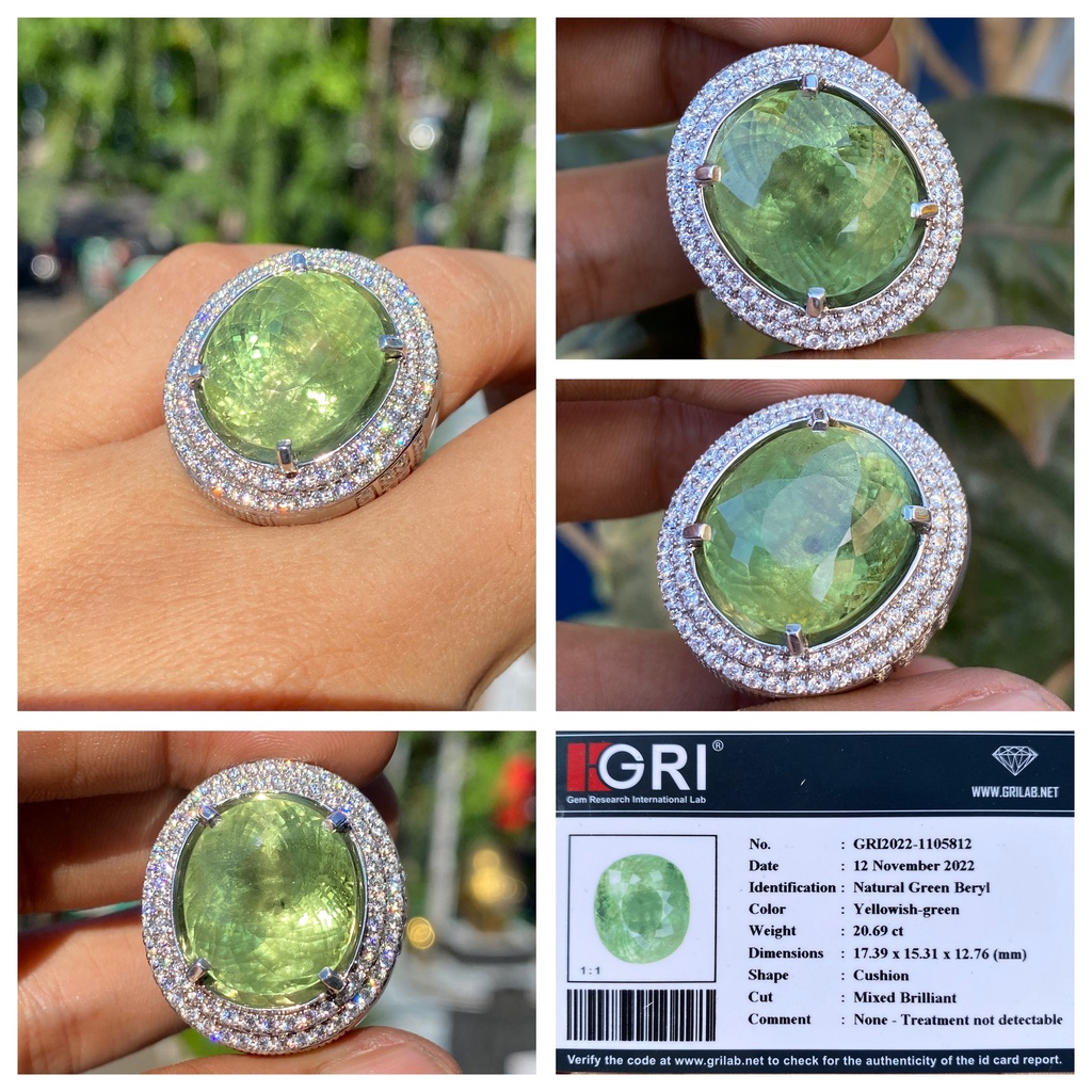 Natural 20.69ct Green Beryl Zamrud Muda Ring Handmade Microsetting