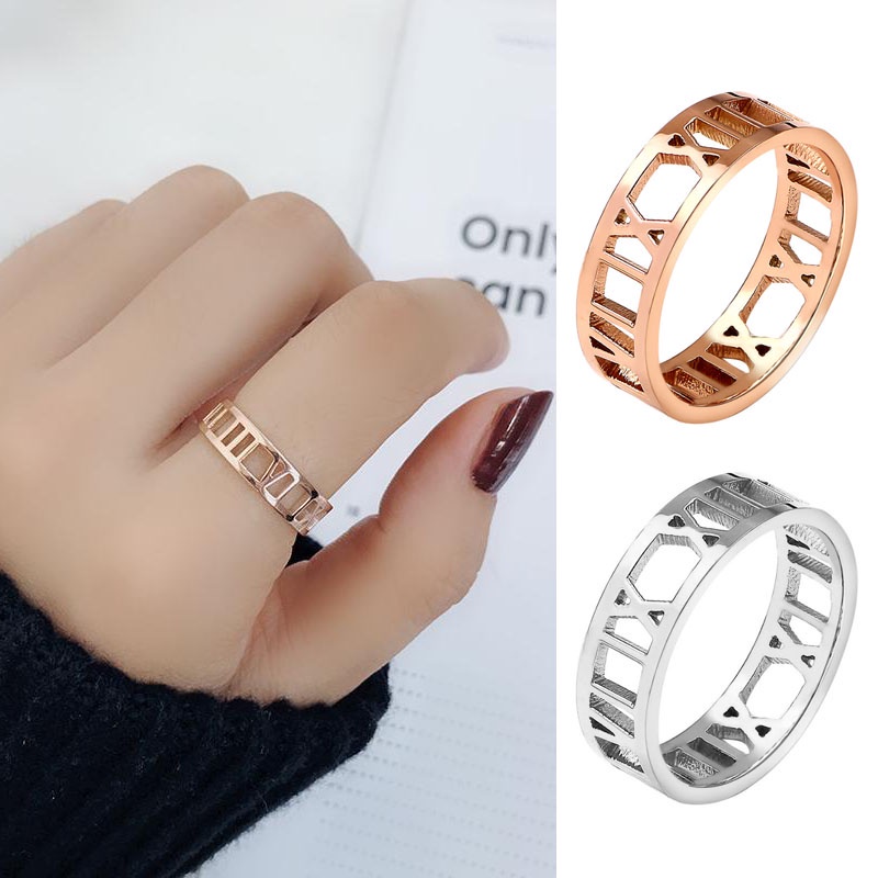 Cincin Pasangan Gaya Sederhana Korea Angka Romawi Pesona Mawar Emas Perak Baja Titanium Pria Wanita Fashion Perhiasan Couple Rings