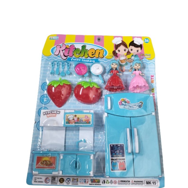 MK 15 mainan anak edukasi kitchen set funny cooking / mainan dapur memasak + kulkas dan buah buahan