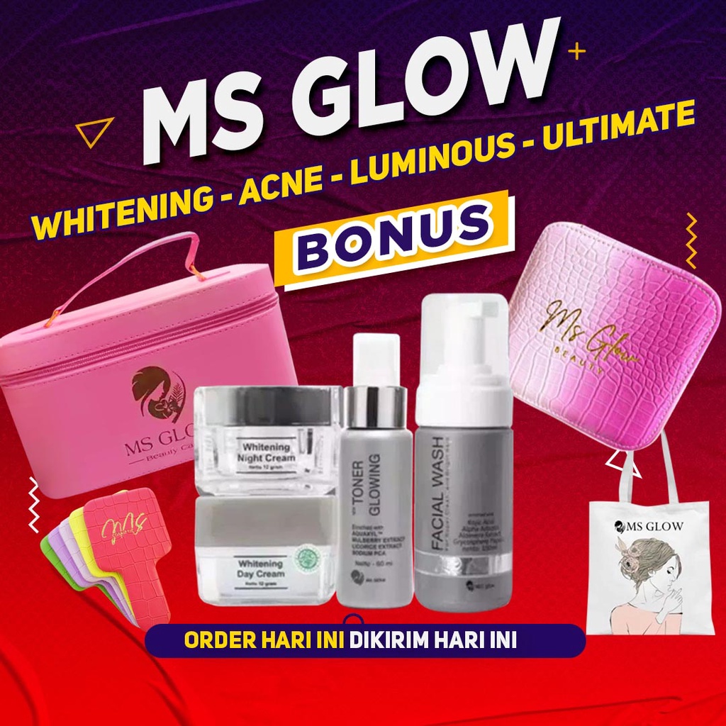 MS Glow Paket Wajah Whitening Acne Ultimate Luminous Komplit Dengan Facial Wash Toner Day Cream BB Cream Night Cream Serum Whitening Gold Lifting Acne Luminous Peeling Cell DNA Red Jelly Deep Essence Yuzu Cactus Watermelon Moisturizing