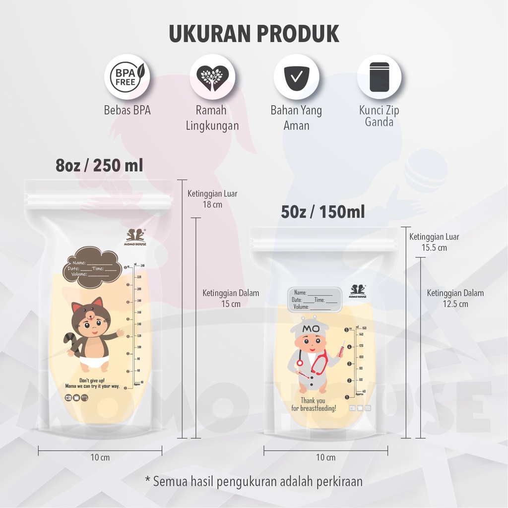 (30 Pcs) MOMO HOUSE 150Ml/250Ml Kantong ASI Plastik ASI Breastmilk Storage Bag Breastmilk Storage Oble Zipper