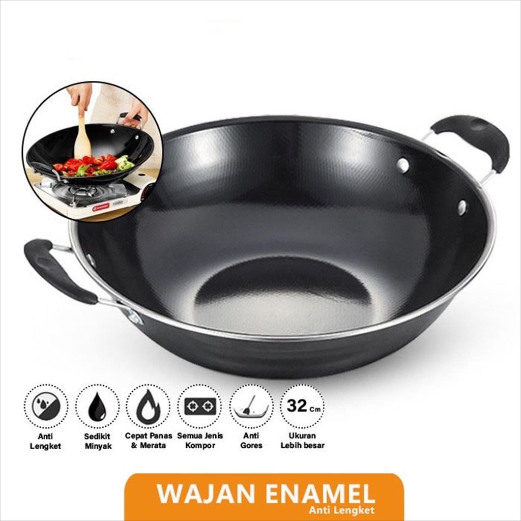 MJS 991. Wajan Enamel Anti Lengket Anti Gores 34cm Wajan teflon Penggorengan Wok Pan 34 cm GSF 2034 tahan api dan tidak lengket Penggorengan Kuali kompor induksi kuping