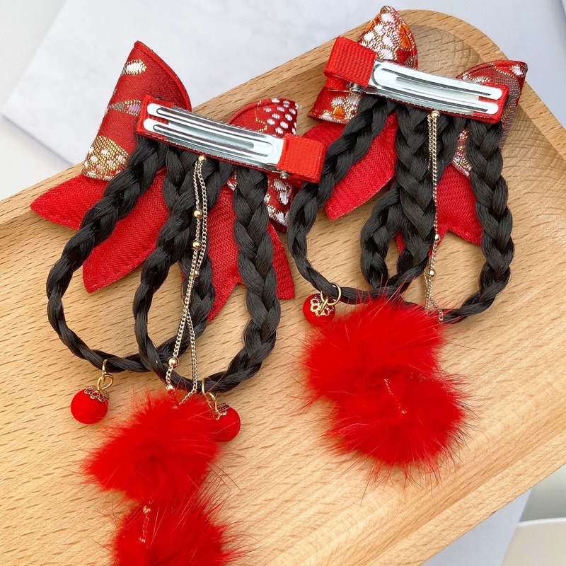 DELUNASHOP SET JEPIT RAMBUT CHINA HANFU MODEL KIPAS BULU BULU FASHION ANAK PITA QIPAO MERAH