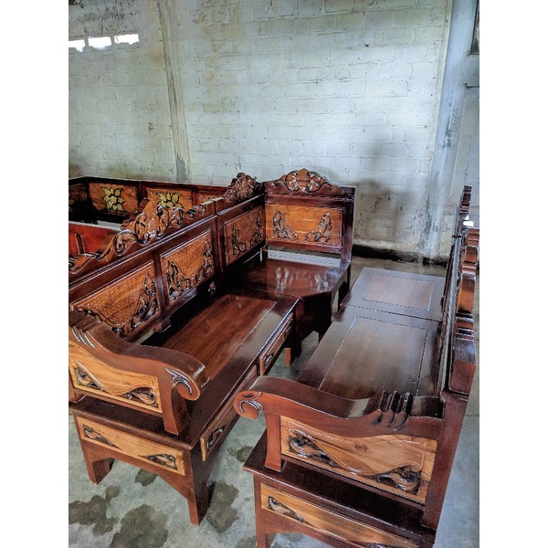Kursi Jati Asli terbaru Model L leter Hemat Tempat Original jepara ukir bunga Kursi Kayu tebal Glosy