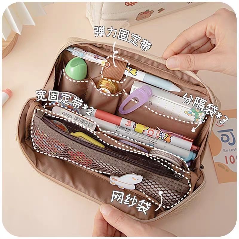 ﹍◙Sera   Korea Kanvas Tempat Pensil Sederhana Kapasitas Besar Jepang Alat Tulis Tas Double-Layer Multi Fungsi Portabel Bintang Chaser Tempat Pensil