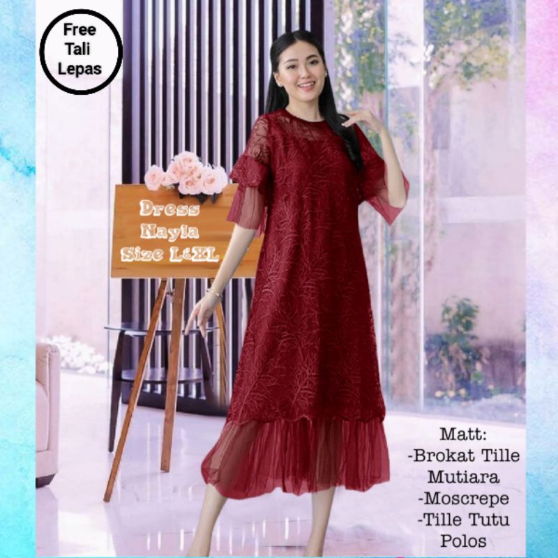 Dress Pesta Wanita Midi Terbaru Elegan/Dress Nayla Size L dan XL Matt Brokat Tille Mutiara Mix Moscrepe dan Tille Dot/Dress Pesta dan Natal Remaja Kekinian Viral/Good Quality