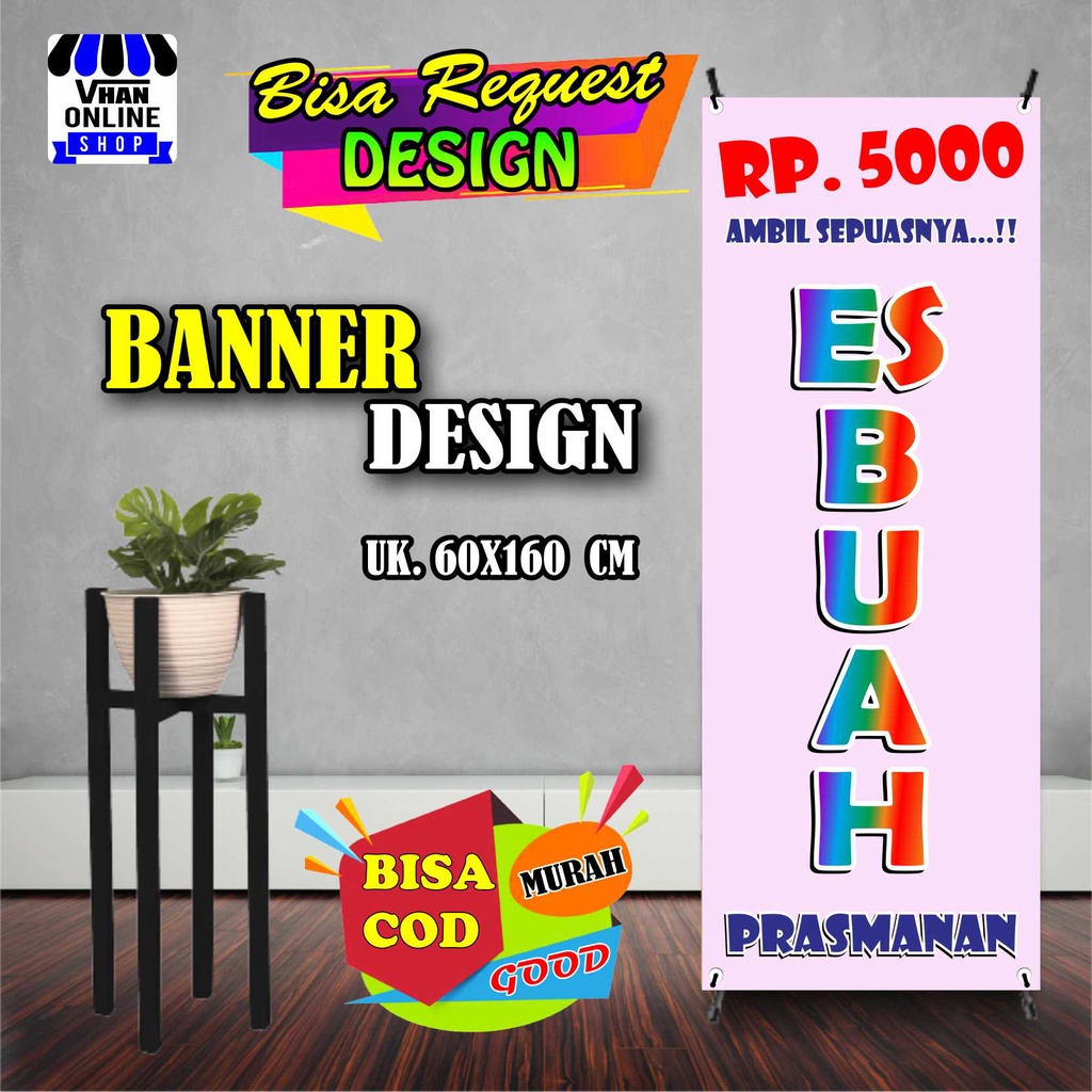 Spanduk Banner Es Buah Prasmana, Es Buah Viral, Model Berdiri Keren