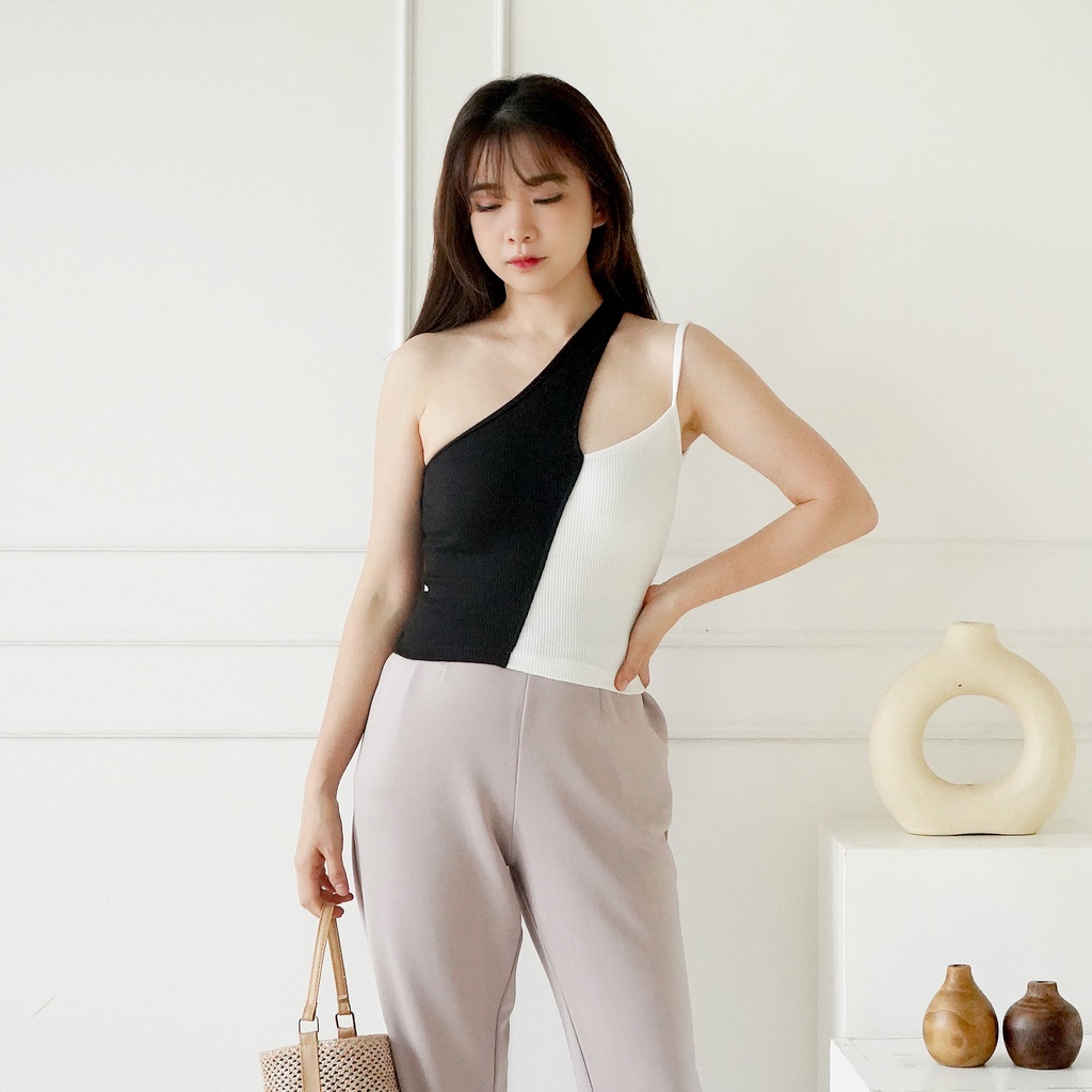 Korean Tanktop One Shoulder Kombinasi Warna CropTanktop Wanita 212