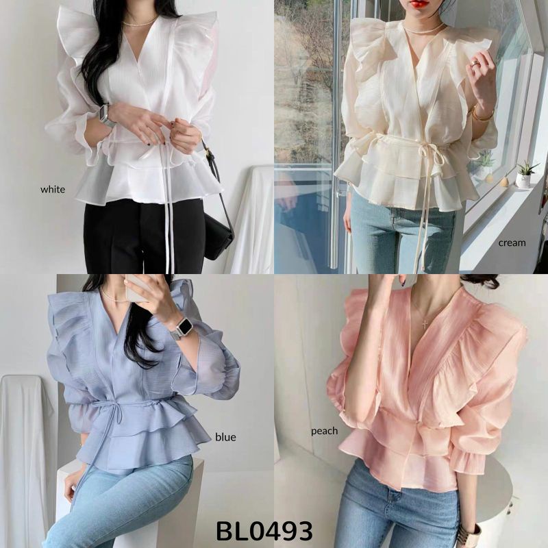 Korean style bouse blus kemeja basic polos casual ruffle christmas outfit natal formal kerja kuliah 