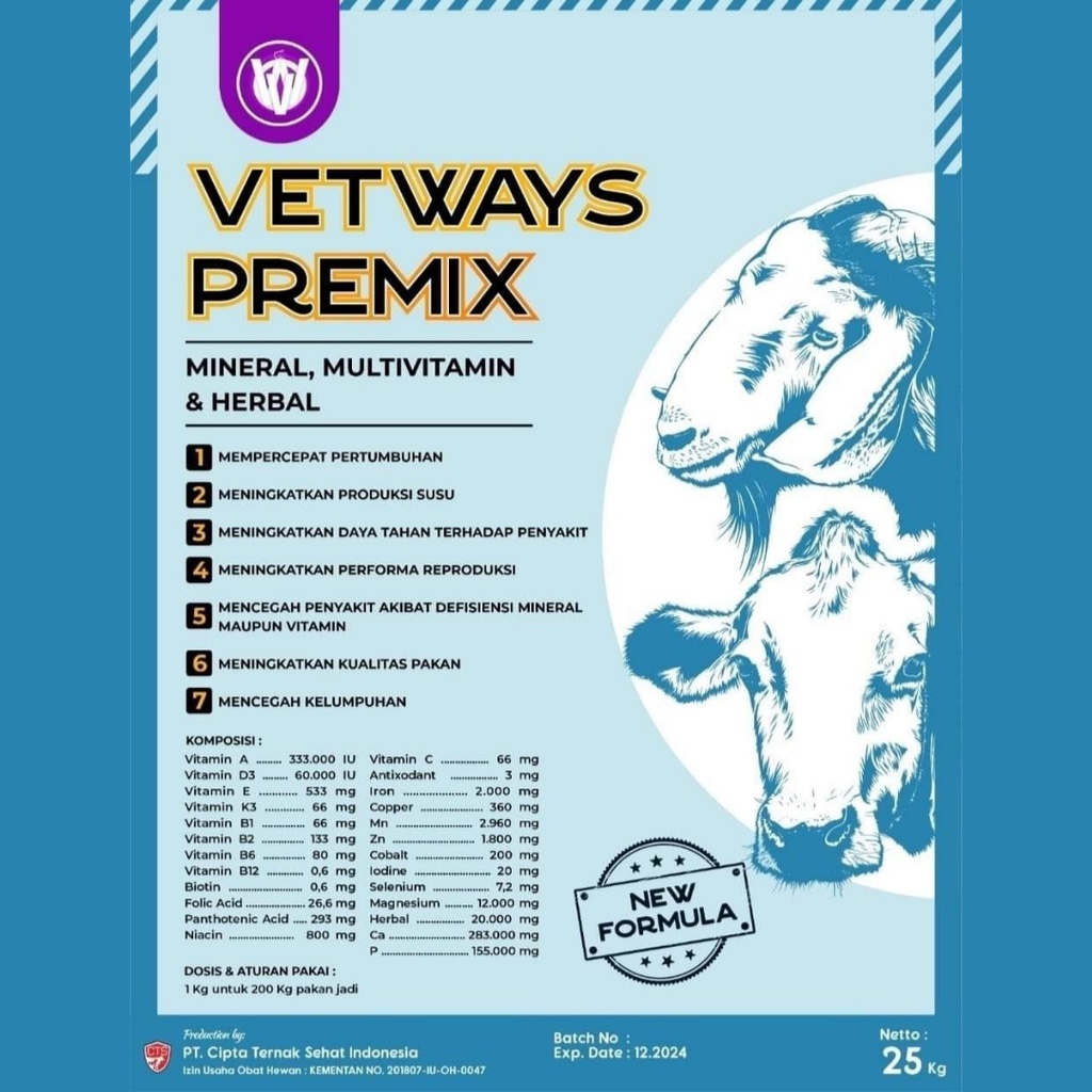 VETWAYS PREMIX | Vitamin Mineral &amp; Herbal Penggemuk Untuk Ternak Sapi Kambing Kerbau Kuda | Apoternak