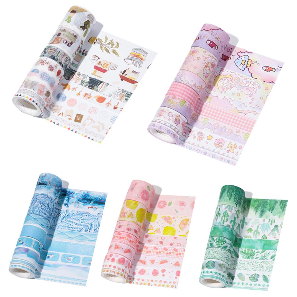 Chookyy 8roll/set Washi Tape Perlengkapan Sekolah Daun Hijau Kaktus Dicetak Multi-Warna Hias Scrapbooking Stiker