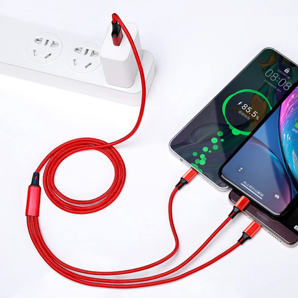 Actual【COD】Max 3A Untuk Iphone / Android Kabel Data USB 3 in 1 Fast Charger iOS + Micro USB + Type C Quick Chargre 1.2M Nylon Braided Cable