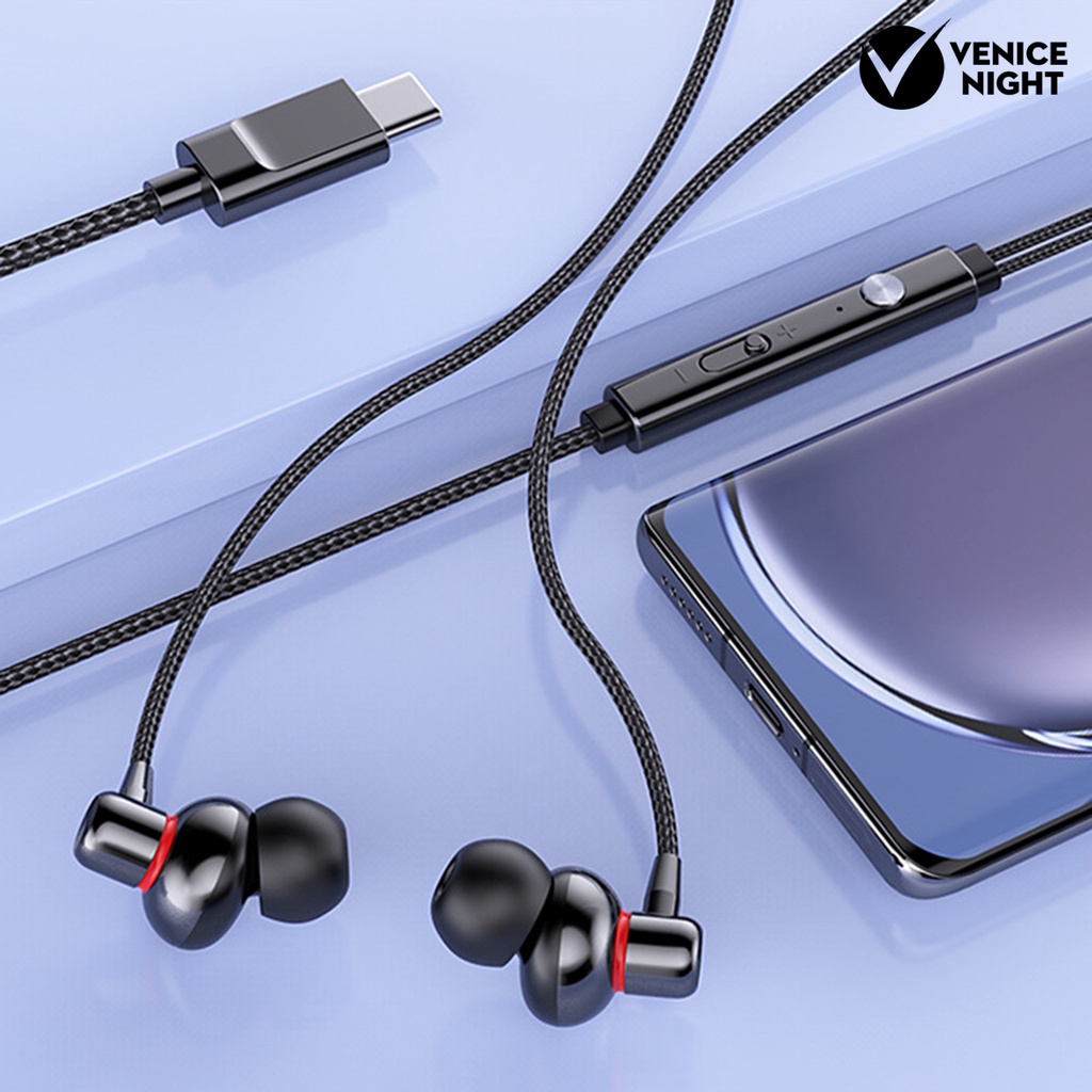 (VNEP) (Berkabel) Earbud Ergonomis HiFi Sound Volume Adjustable Type-C Wire Control Earphone dengan Micphone untuk Karaoke