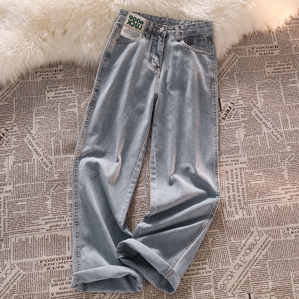 Kekinian Korean Fashion Highwaist Loose Straight Kulot Jeans Wanita(Good Luck )（Realpict）