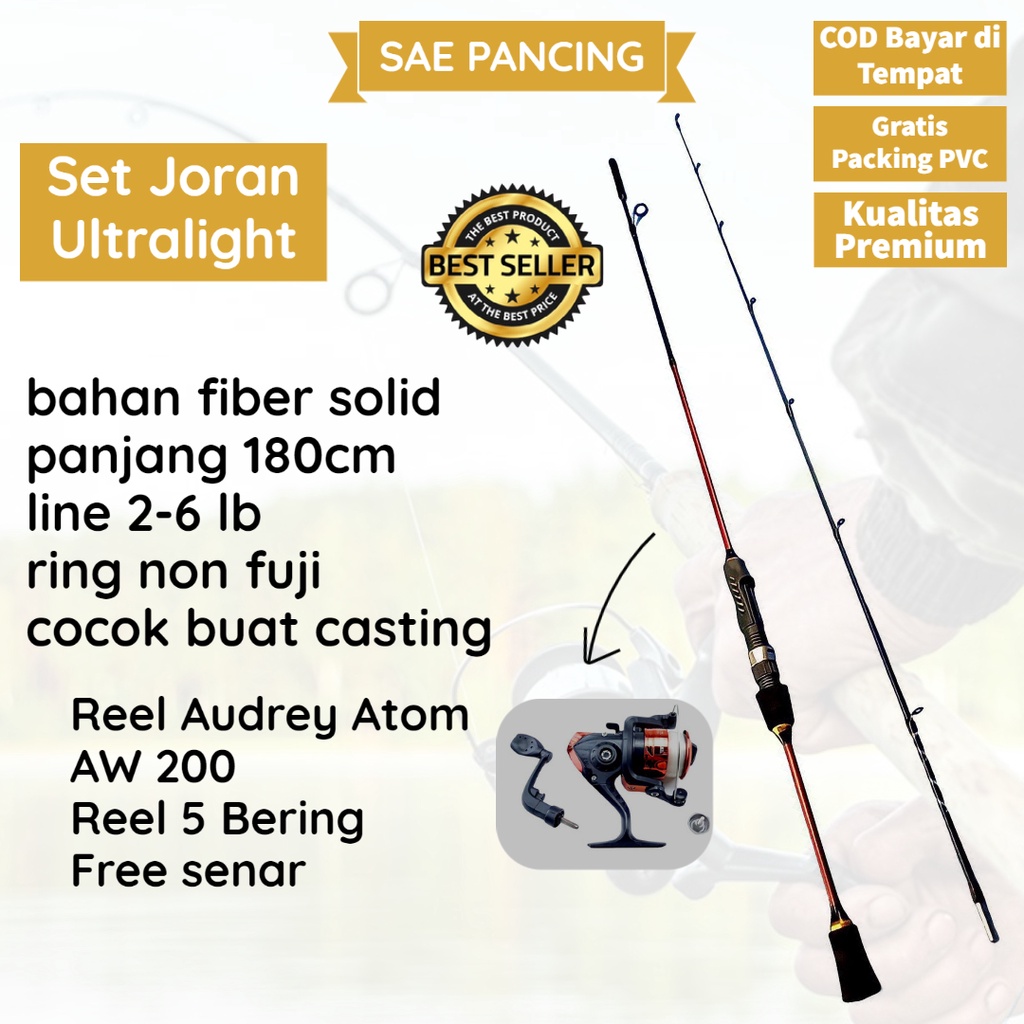 satu set joran pancing ul ultralight lentur fiber solid murah kuat Ajiro Hiroshi uk 180 cm reel audr