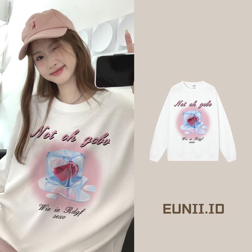 EUNII Sweater Lengan Panjang Love Ice Cubes Korean Style/Hoodie Oversize/Baju Wanita/Switer Wanita