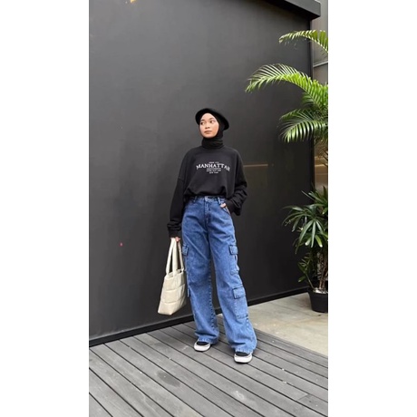 (27-30) DEEP SNOWBLUE HW DOUBLE CARGO LOOSE JEANS / DARK SNOWBLUE HW DOUBLE CARGO LOOSE JEANS / CELANA HIGHWAIST CARGO KANTONG DUA LOOSE JEANS WANITA CEWEK