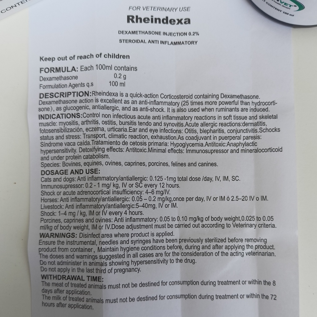 RHEINDEXA (Dexamethasone) OBAT BENGKAK DAN ALERGI HEWAN | Antiinflamasi Antiradang Antipiretik Analgesik Antialergi Antishock anti radang Dexa | Rheinvet Jerman