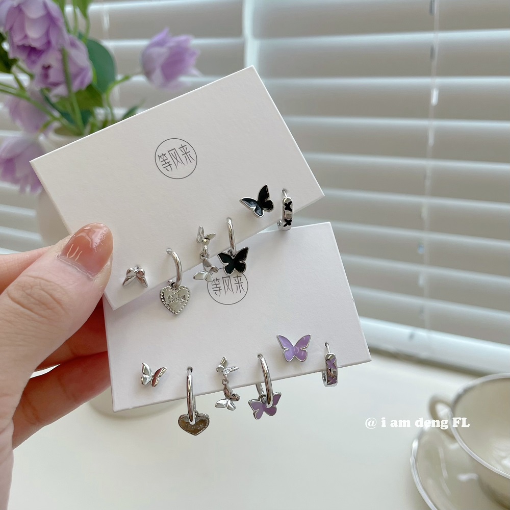 Set Anting Hoop Desain Kupu-Kupu Tulip Bahan Resin S925 Silver Warna Ungu Untuk Wanita