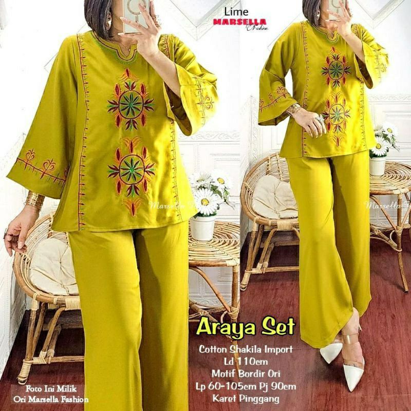 Araya Set, SETELAN WANITA MUSLIM CANTIK MODIS FIT XL LD 104 BAHAN KATUN SHAKILA IMPORT MIX BORDIR TERMURAH