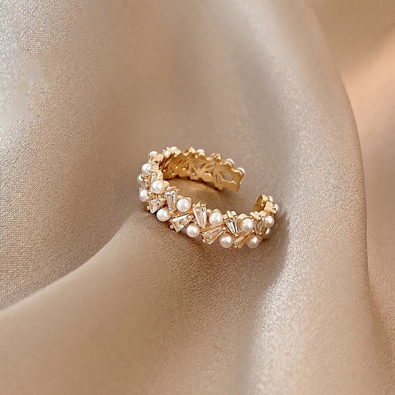 Fancyqube Cincin Emas Model Terbuka Dapat Disesuaikan Aksen Mutiara Bahan Zirkon Gaya Korea Untuk Wanita