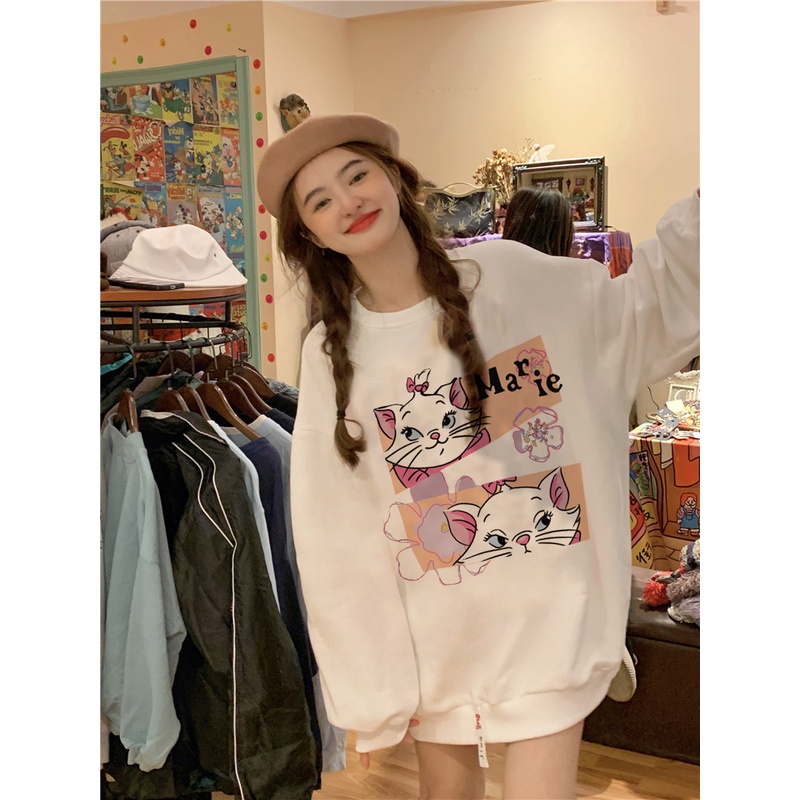 EUNII Sweater Lengan Panjang Cute Cat Korean Style/Hoodie Oversize/Baju Wanita/Switer Wanita