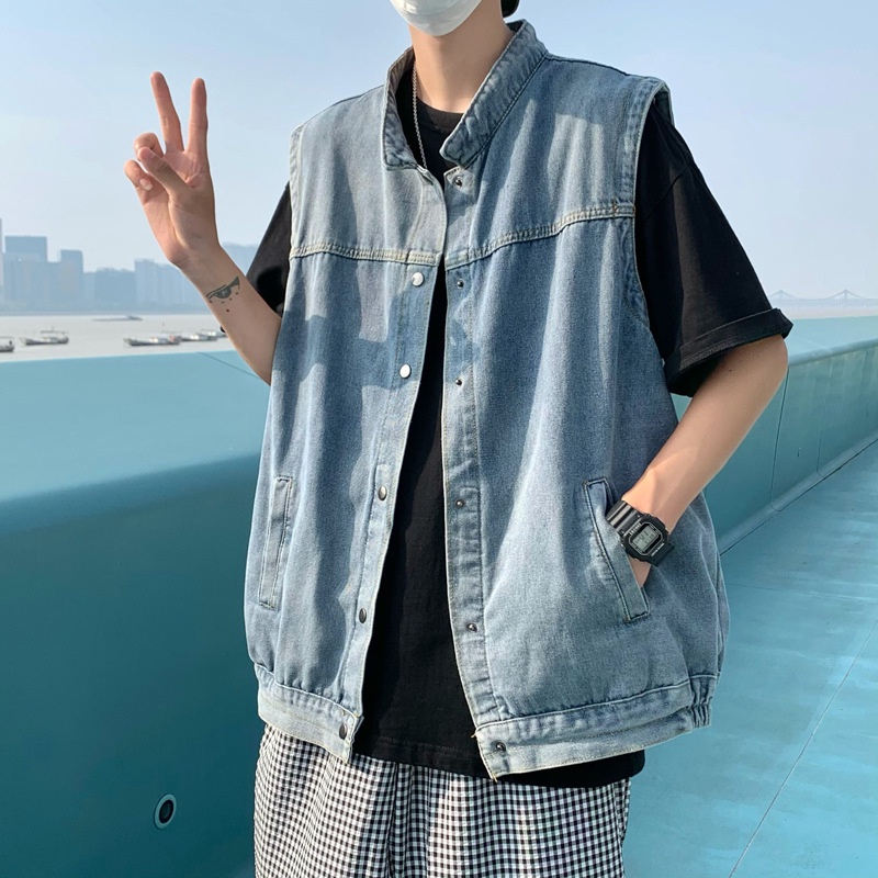 Denim Jaket Pria Korea  Tanpa Lengan Kemeja Tren     Rompi rompi  Luar